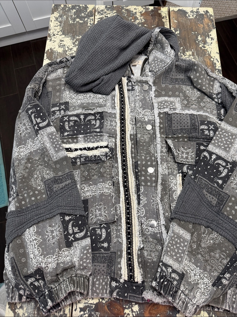POL Gray and Black Patchwork Bandana Thermal Hooded Jacket